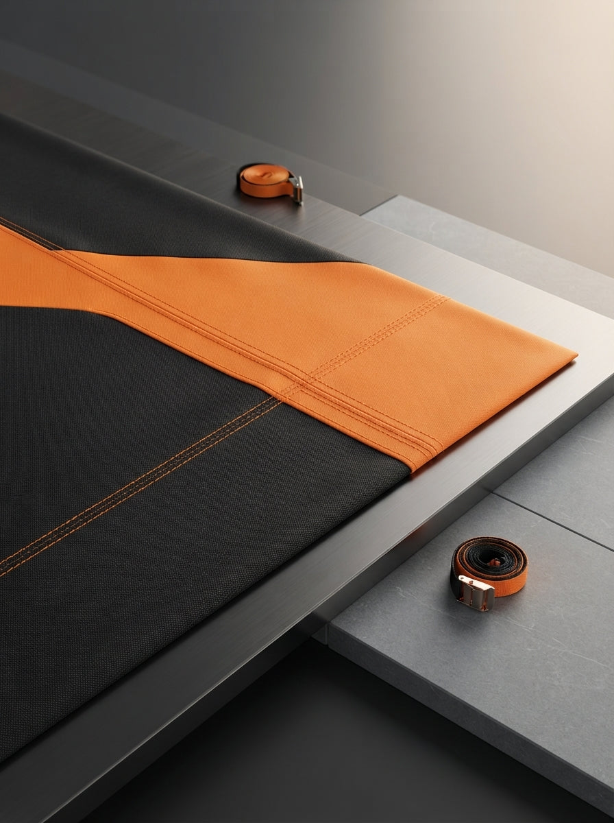 Close-up of premium waterproof car cover fabric texture on a charcoal and slate gray surface.